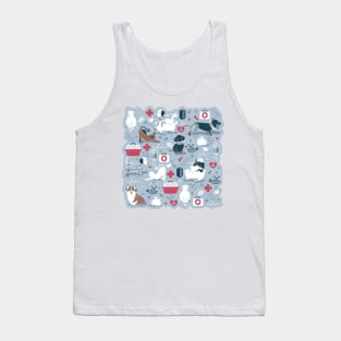 Veterinary medicine, happy and healthy friends // pastel blue background red details navy blue white and brown cats dogs and other animals Tank Top